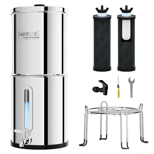 Filtro de agua por gravedad Purewell, 2.25 gal, ventana de nivel de agua, de encimera, acero inoxidable, ultrafiltración de 3 etapas de 0.01 μm con