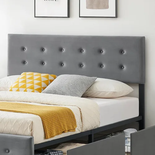 Miniatura 6 de Alkmaar Base de cama tapizada de terciopelo tamaño matrimonial con 4 cajones de almacenamiento y cabecero, base de colchón con botones cosidos