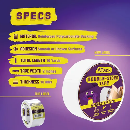 Miniatura 2 de ATack Cinta de doble cara blanca, 2 pulgadas x 10 yardas, cinta de tela de pared autoadhesiva de doble cara resistente para plantillas de madera