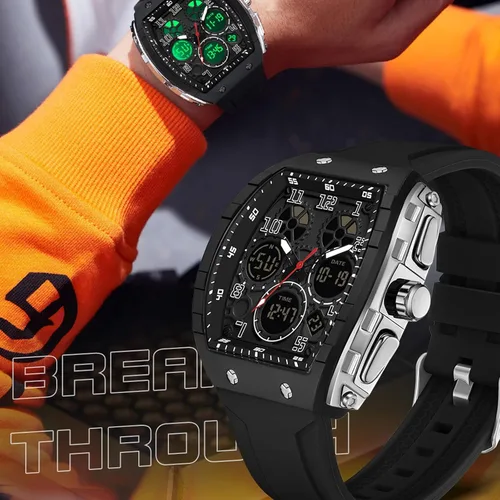 Miniatura 5 de Relojes para hombre, únicos rectángulos, reloj de pulsera blanco con pantalla digital analógica de doble hora, cronómetro de cuenta regresiva