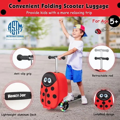 Miniatura 4 de HONEY JOY Maleta de scooter para niños, equipaje de mano de 18 pulgadas con ruedas LED iluminadas, carcasa impermeable y mango retráctil, maleta