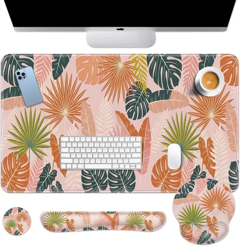 Britimes Juego de alfombrillas de mouse para teclado de hoja de palma bohemia, 4 en 1, reposamuñecas para teclado, reposamuñecas para mouse, juego