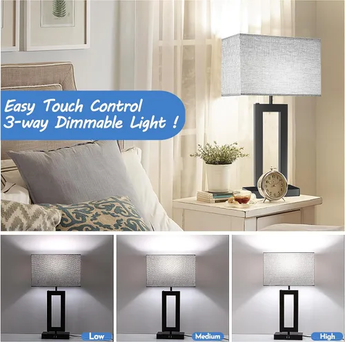 Miniatura 3 de Juego de 2 lámparas modernas para mesita de noche, con control táctil, USB C y A, regulables de 3 vías para dormitorios y sala de estar, gris y negro