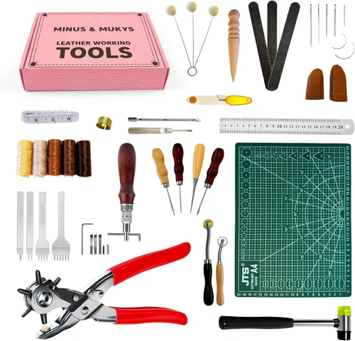 MINUS MUKYS - Kit completo de herramientas de cuero para manualidades, kit de reparación de zapatos, cinturones, incluye perforador para