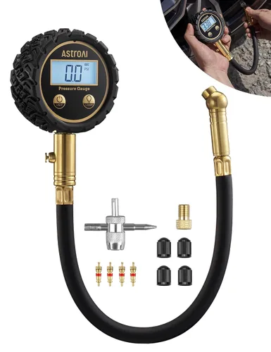 Miniatura 8 de AstroAI Medidor de presión de neumáticos para automóviles con dial grande de 2 pulgadas, latón macizo con manguera de goma, válvula de purga