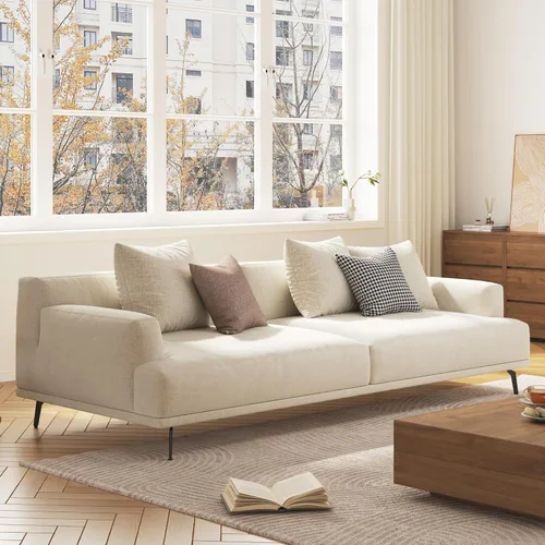 Sofá de sala de estar de 3 plazas, moderno sofá modular de ocio con marco de madera y patas de metal, tela suave de algodón y lino, fácil de