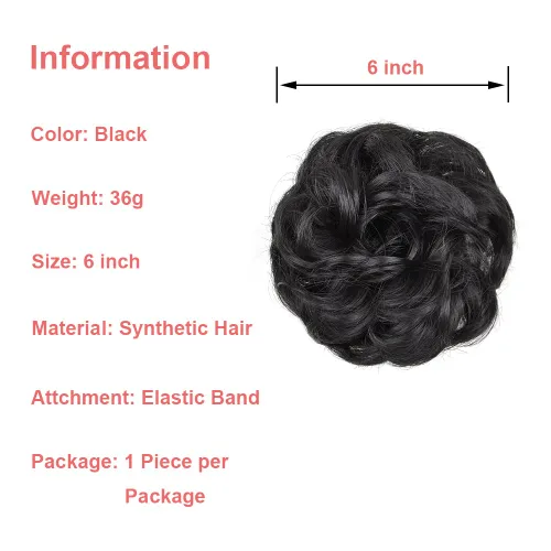 Miniatura 5 de KETHBE Pieza de pelo de moño desordenado de fibra sintética negra, 2 unidades JX&WZ-Negro