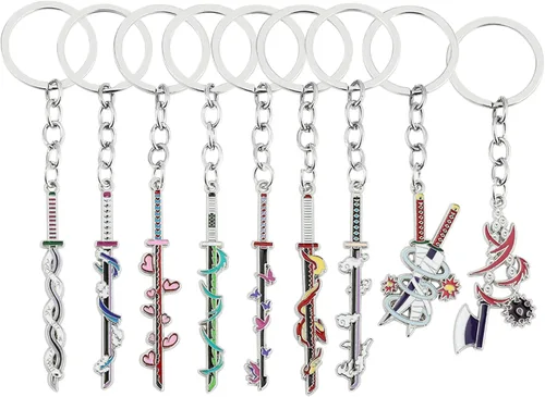 YURAOER Juego de llaveros de anime Slayer Figuras de dibujos animados 9 Hashiras Mini Katana llaveros esmaltados para hombres y mujeres