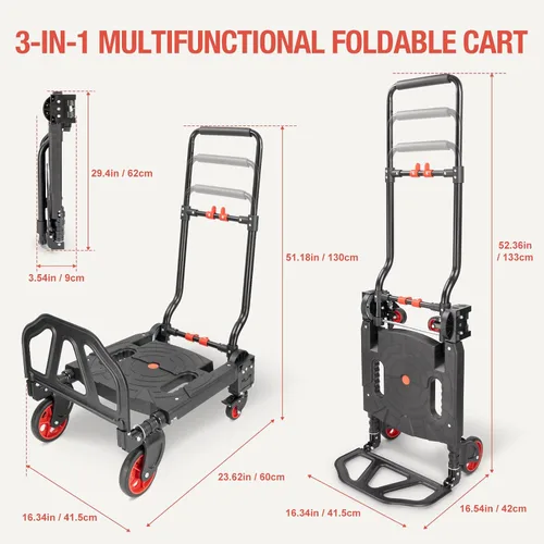 Miniatura 2 de Carro de mano 2 en 1 plegable, carretilla de mano plegable de 330 libras, resistente, combinación de 4 ruedas y 2 ruedas, carrito convertible