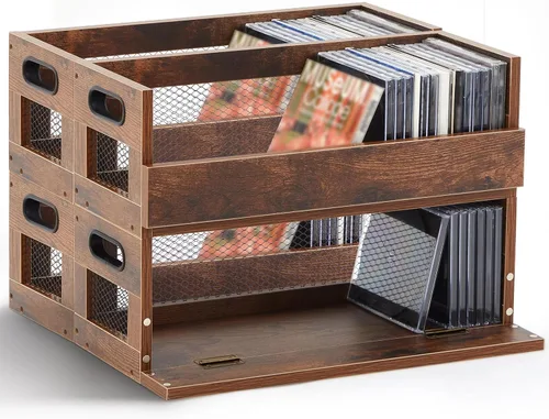 Miniatura 8 de Jetec 1 Juego Caja de Almacenamiento de CD Retro Soporte Estante Estantes de Exhibición de Metal y Madera con Asas de Transporte, Estante