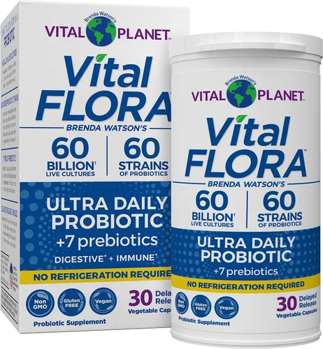 Vital Planet - Vital Flora Ultra Daily Probiotic 60 mil millones de UFC, 60 cepas diversas, 7 prebióticos orgánicos, apoyo inmunológico, probióticos
