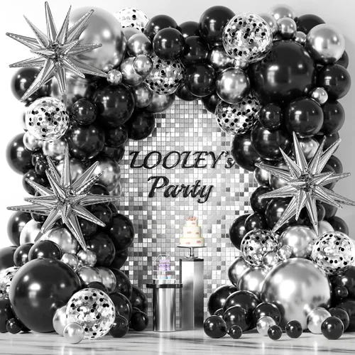 Miniatura 12 de Kit de guirnalda de arco de 137 piezas de globos negros, dorados y plateados con estrellas - 5, 10, 12, 18 pulgadas globos de látex negros, dorados