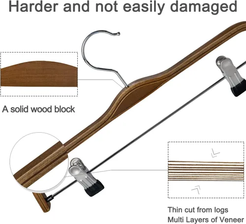 Miniatura 4 de TOPIA HANGER Perchas de madera para pantalones, perchas delgadas de madera natural para faldas con gancho antioxidante y clips de metal ajustables