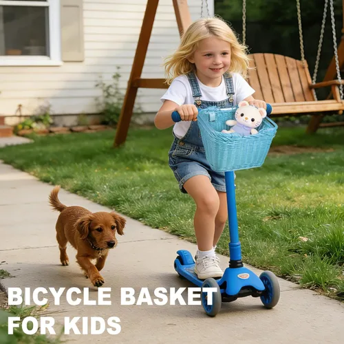 Miniatura 3 de Cesta de bicicleta para niños y niñas, cesta de scooter para niños, bonita cesta cuadrada de mimbre para niños y niñas, manillar desmontable con Azul