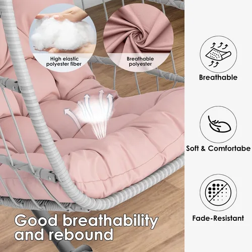 Miniatura 4 de Silla colgante de huevo con soporte, sillas de huevo rosadas, sillas de mimbre para interiores y exteriores, dormitorio, jardín, marco de acero