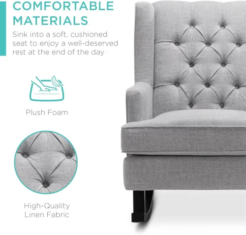 Miniatura 6 de Best Choice Products Silla mecedora decorativa, tapizada con respaldo de terciopelo de lujo copetudo para guardería, sala de estar, dormitorio