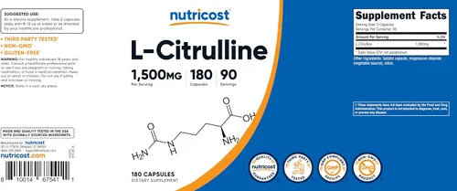 Miniatura 6 de Nutricost L-citrulina 1500 mg, 180 cápsulas – 750 mg por cápsula, sin gluten, sin OMG, el embalaje puede variar (paquete de 2)