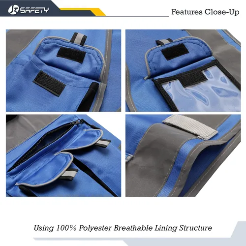 Miniatura 4 de JKSafety Chaleco de seguridad de color azul con 10 bolsillos y cremallera frontal con tiras altamente reflectantes que cumple con las normas
