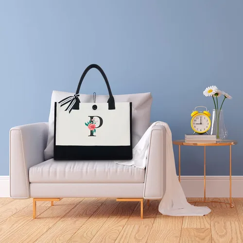 Miniatura 110 de Bolsa de lona con inicial, regalos de cumpleaños personalizados para mujeres, madres, amigas y profesoras, bolsas de mano con monograma adecuadas