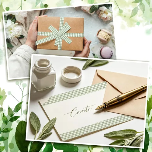 Miniatura 6 de Whaline 12 Rolls Sage Green Plaid Washi Tape Masking Tape Set Pastel Green Gingham Decorative Wrapping Paper Tapes Boxed for Wedding Scrapbook