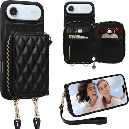 Miniatura 33 de Funda tipo cartera para iPhone 15 de 6.1 pulgadas, bolso cruzado con cremallera y correa para la muñeca con cordón para mujer, tarjetero con bloqueo