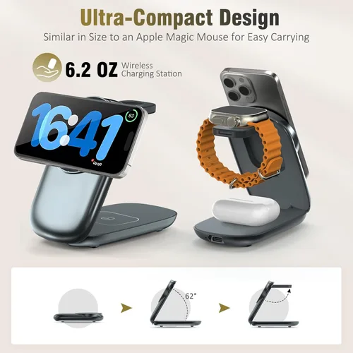 Miniatura 5 de Estación de carga plegable 3 en 1 para iPhone 16e/16/15/14/13/12 compatible con Apple Watch 10/9/8/7/6/5/4/3 Ultra, estación de carga inalámbrica