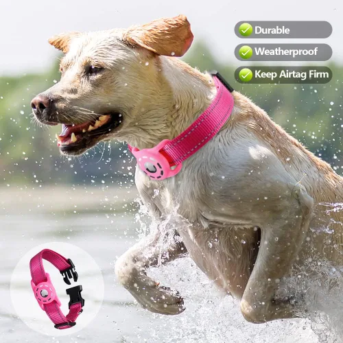 Miniatura 2 de Collar reflectante para perro, compatible con AirTag, collar de nailon para perros pequeños, medianos, grandes y extra grandes Rosado