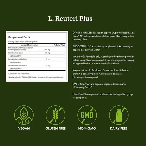 Miniatura 4 de Swanson L. Reuteri Probiótico Plus con L. Rhamnosus, L. Acidophilus y FOS Prebiótico Apoyo Digestivo - Promueve la Salud Intestinal con 7 mil