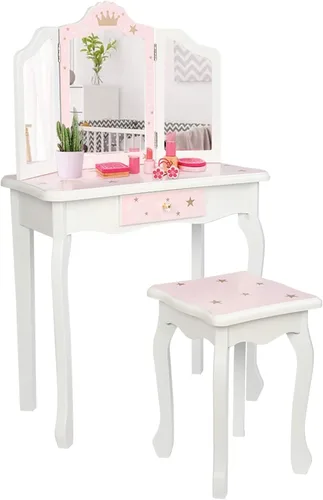 Miniatura 3 de Juego de tocador rosa para niños, juego de mesa y silla de maquillaje de madera para niñas pequeñas, tocador de princesa para niños, tocador
