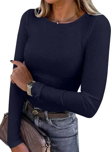Miniatura 25 de ANRABESS - Camisetas de manga larga para mujer, de punto acanalado, ajustadas, básicas, 2025, informales, para usar a capas o debajo del uniforme