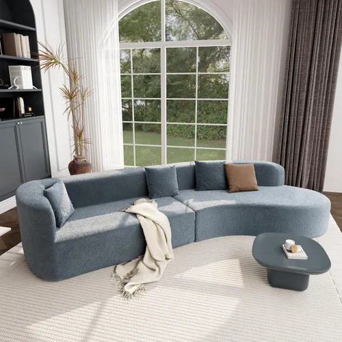 Miniatura 13 de Sofá moderno sin hueso con diseño curvo, sofá modular de felpilla de 2 piezas con 4 almohadas, esponja de felpa, cojín de resorte y esponja grande