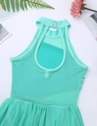 Miniatura 39 de YiZYiF Vestido de baile de lentejuelas para niños y niñas, leotardo de ballet, cuello alto, vestido lírico, traje de rendimiento irregular