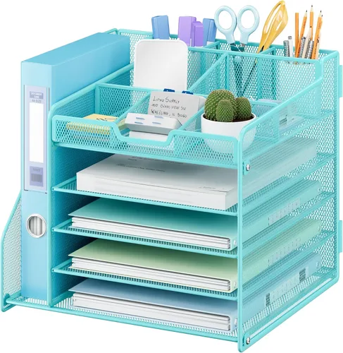 Miniatura 14 de Lavatino Organizador de escritorio, bandeja de papel de malla metálica de 5 niveles con 1 soporte para archivos y 7 divisores flexibles para Negro