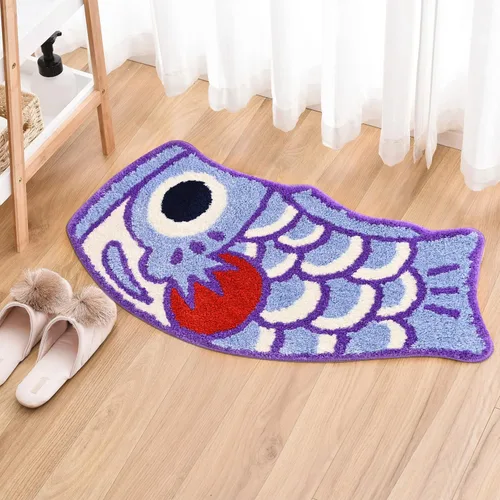 Miniatura 10 de Bonita alfombra de baño de peces para baño, suave, absorbente de agua, azul, para bañera, estilo japonés, almohadilla Koi para ducha