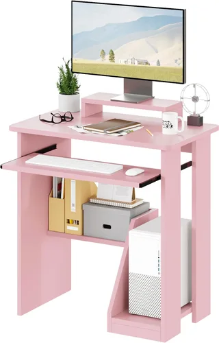 Miniatura 10 de ALISENED Escritorio pequeño de 76 cm para computadora con bandeja para teclado y soporte para monitor, escritorio de estudio y escritura