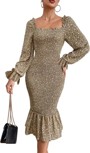 PRETTYGARDEN Vestido midi ajustado floral de manga larga abombada para mujer, cuello cuadrado, volantes, vestido fruncido de sirena