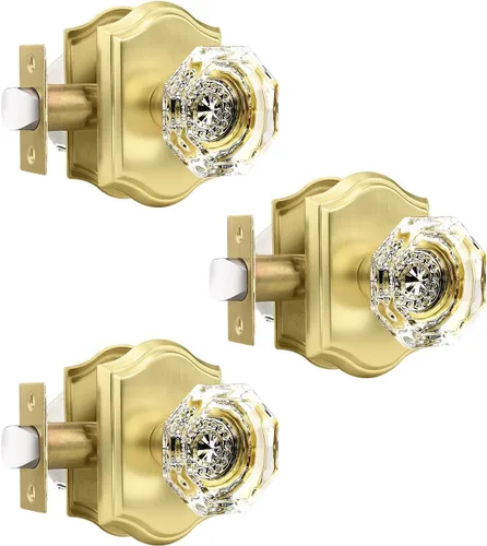 Miniatura 10 de Gobrico Paquete de 5 pomos de puerta de cristal de paso en latón antiguo para pasillo, armario, lavandería, forma octágono transparente, sin llave