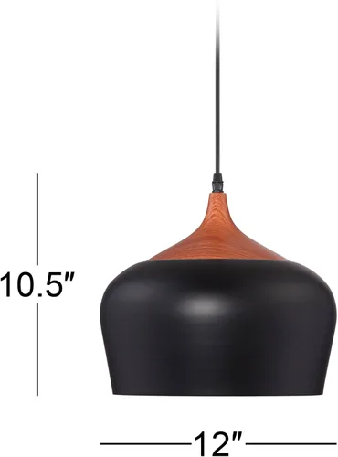 Miniatura 4 de Possini Euro Design Felton - Mini lámpara colgante negra de 12 pulgadas de ancho con detalle de madera rústica para comedor, sala de estar, hogar