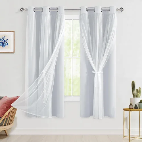 Miniatura 107 de Hiasan Cortinas opacas con superposición transparente, aislamiento térmico para mezclar y combinar de doble capa, cortinas de oscurecimiento de Beige