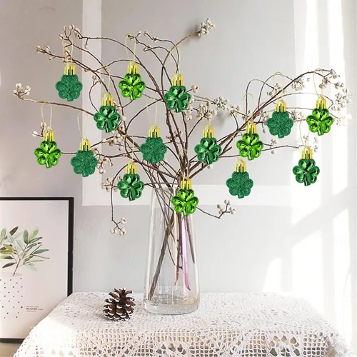 Miniatura 3 de Juego de adornos de tréboles del día de San Patricio, 48 piezas de trébol de la buena suerte, adornos colgantes decorativos de trébol verde