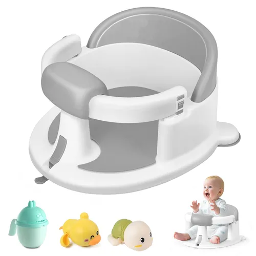 Asiento de baño para bebés de 6 meses en adelante, asientos de baño para bebés sentados, silla de baño antideslizante con ventosas y cojín suave Gris