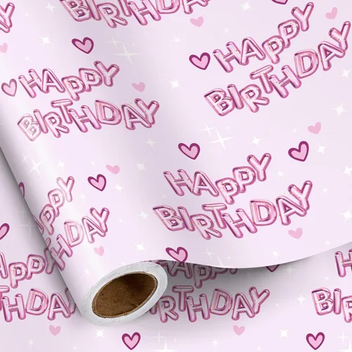 Miniatura 35 de RUSPEPA Papel de regalo de cumpleaños número 15 para niña, corazones y globos rosas del número 15, diseño de feliz cumpleaños, 15 años, mini rollo