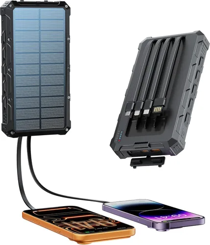 Cargador solar-banco de energía – Cargador de batería solar de 20000 mAh, cargador de batería solar, cables integrados de carga rápida de 20 W,