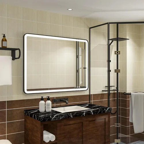 Miniatura 2 de WELLFOR Espejo LED enmarcado de 48 pulgadas de ancho x 36 pulgadas de largo, espejo rectangular de esquina redondeada de metal con luces para baño