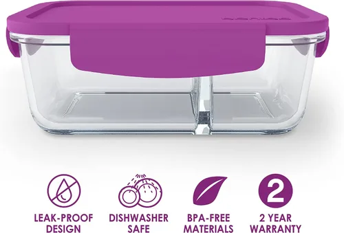 Miniatura 3 de Bentgo® Snack de vidrio – Contenedor de aperitivos estilo Bento, a prueba de fugas, con tapa hermética y diseño dividido de 2 compartimentos, Púrpura