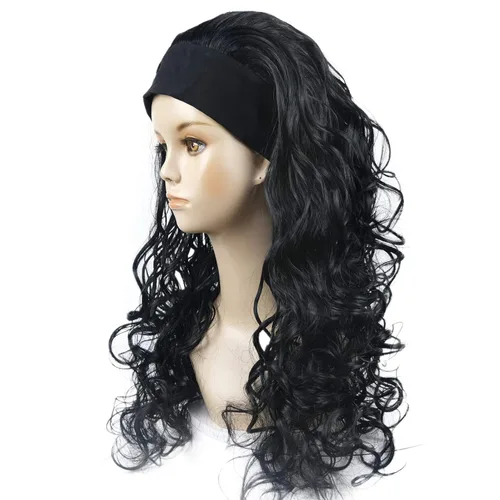 Miniatura 4 de Wiginway 18 pulgadas largo rizado ondulado peluca resistente al calor fibra sintética con diadema negro moda natural para las mujeres negro Jet