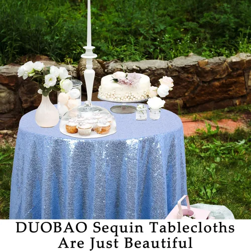 Miniatura 5 de DUOBAO Mantel redondo de lentejuelas de 50 pulgadas, color azul bebé, mantel brillante para bodas, cumpleaños, eventos y vacaciones, mantel