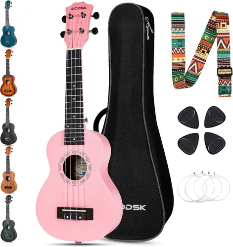 Miniatura 9 de AODSK Ukelele negro de concierto para principiantes de 23 pulgadas con correa para bolsa de concierto, cuerda de nailon, 4 púas, regalo de vacaciones