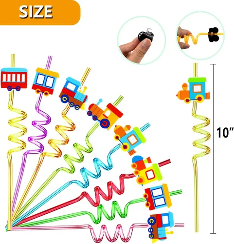 Miniatura 2 de Paquete de 24 pajitas con forma de tren – Pajitas de plástico reutilizables con decoración de dibujos animados – Suministros para fiestas de niños