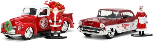 Jada Toys Holiday Rides 1:32 1941 Ford Pickup y 1957 Chevy Bel-Air - Coche fundido a presión con figura de Papá Noel y Sra. Santa Claus de 1.65